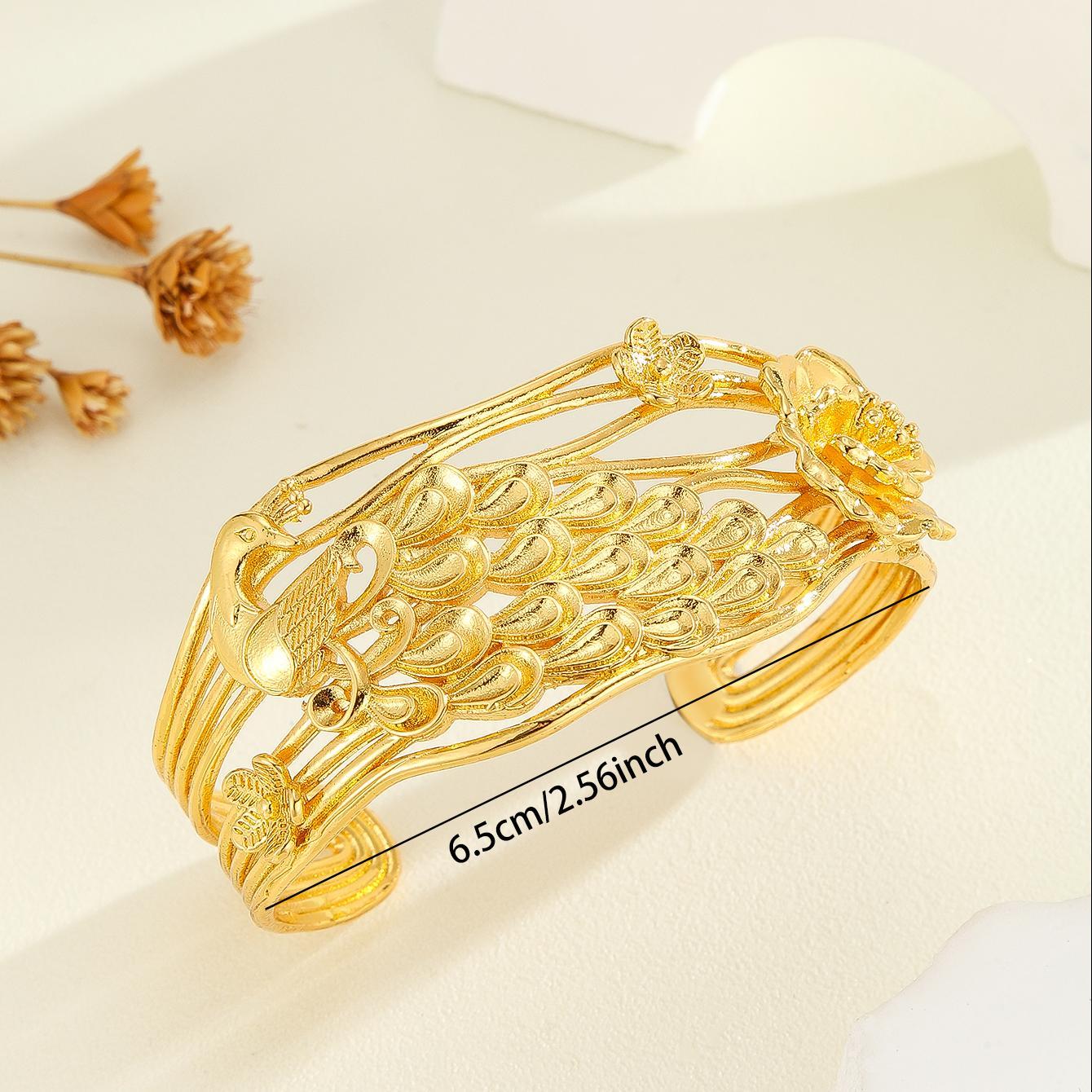 1pcs Vintage Luxury Carved Texture Gold Bracelet, Exquisite Peacock, Flower Patterned Bracelet