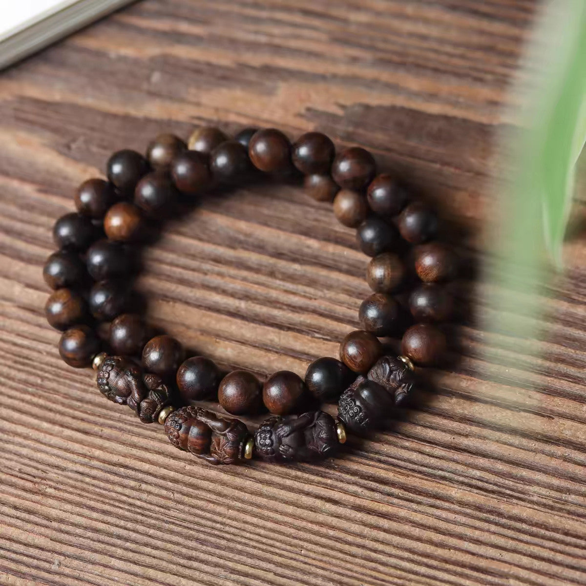 Double Circle Bracelet With Four Buddha Carved From Agarwood