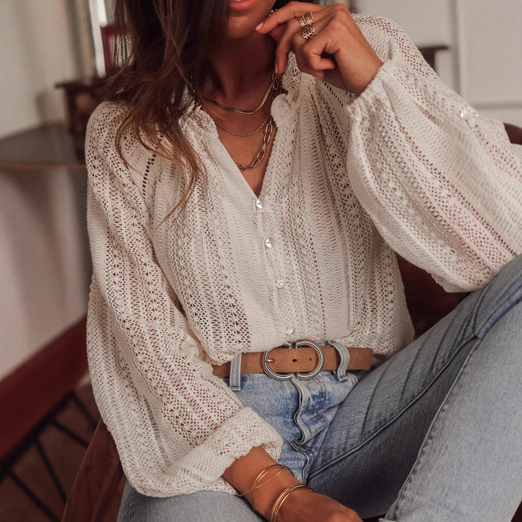 Solid Color Hollow Loose Long Sleeve Top