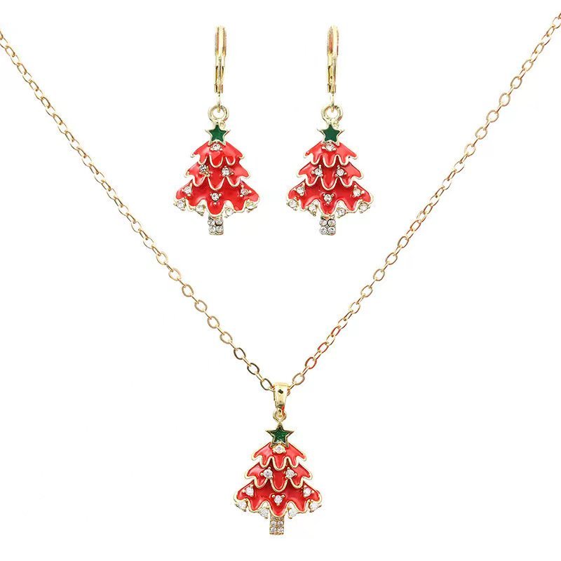 Christmas Tree Enamel And Rhinestone  Jewelry Set - Festive Necklace And Earrings