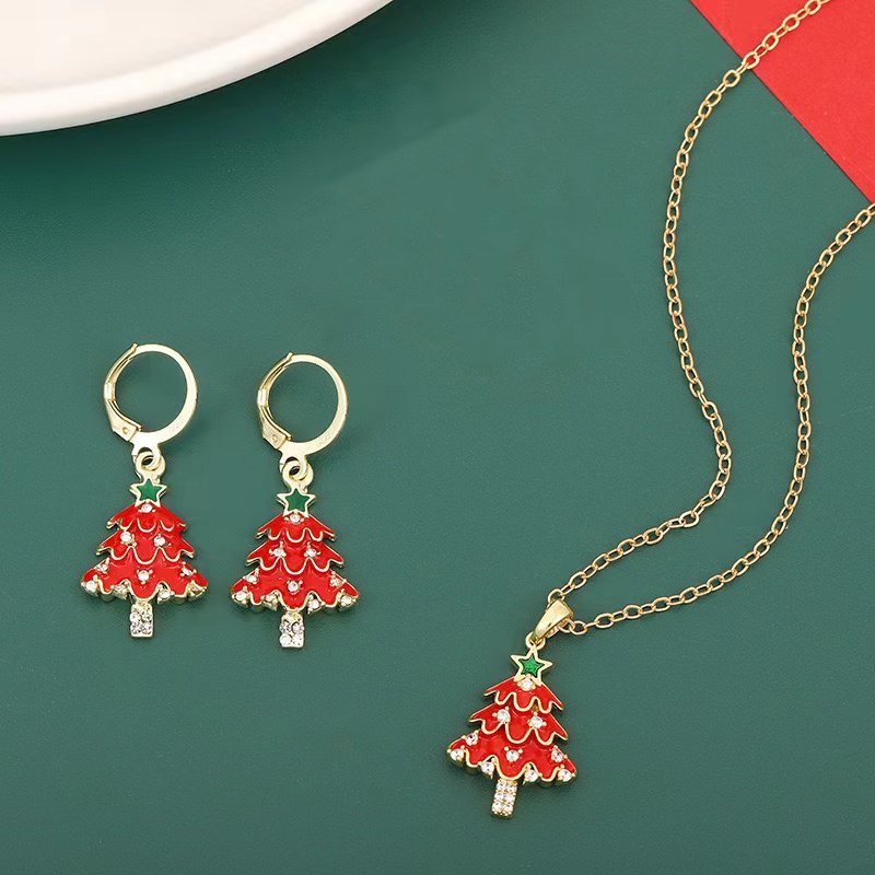 Christmas Tree Enamel And Rhinestone  Jewelry Set - Festive Necklace And Earrings