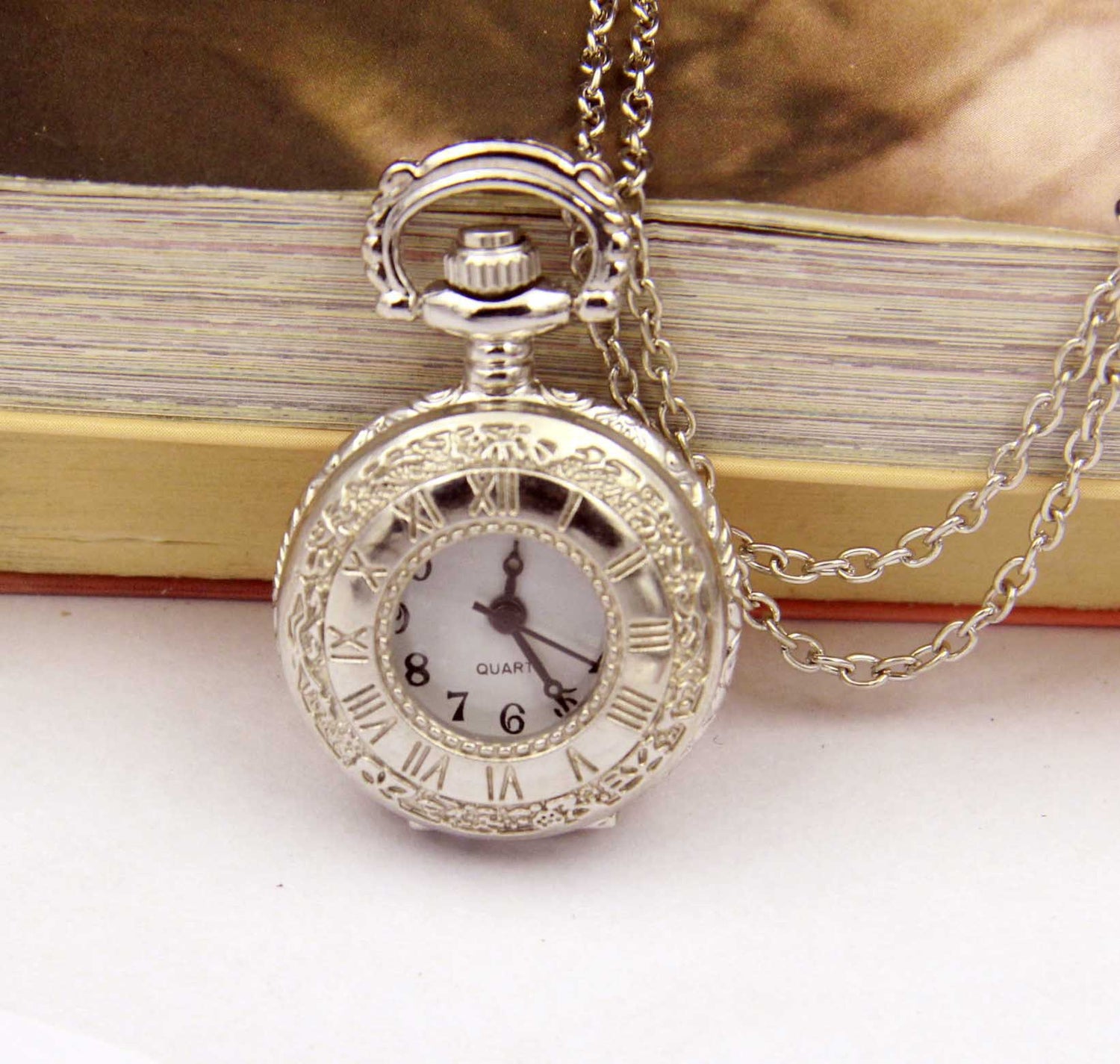 Creative Pocket Watch Necklace Silver Roman Digital Small Pocket Watch