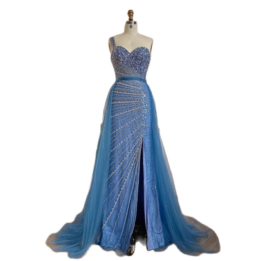 Blue Handmade Beaded Split Shoulder Fishtail Dress