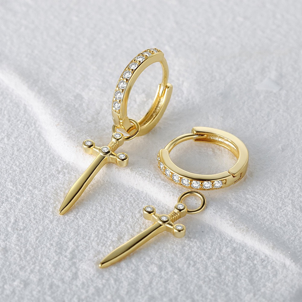 Sterling Silver Zircon Dagger Cross Ear Ring Fashion