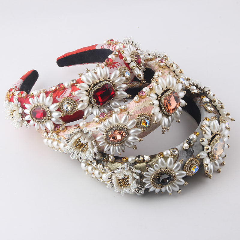 New Fashion European And American Style Baroque Light Luxury Sponge Rhinestone Pearl GEM Headband