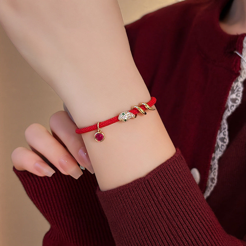 Zircon Snakelike Winding Retro Red Rope Bracelet