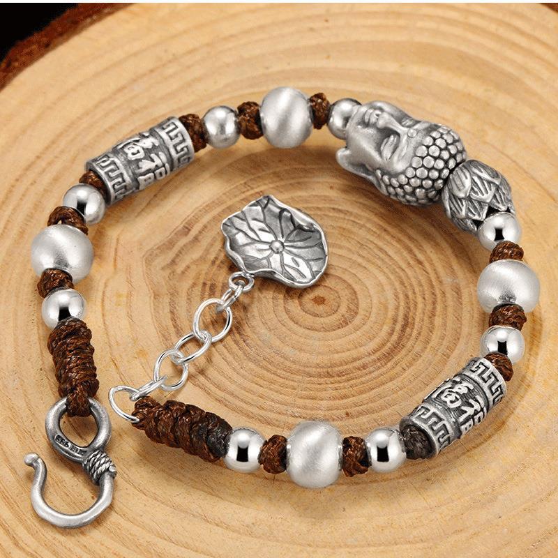 Sterling Silver 999 Tathagata Buddha Head Fu Character Hand Weaving Bracelet