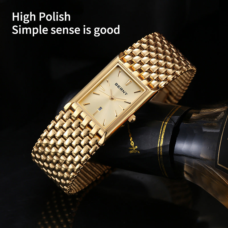 Ultra-thin Gold Quartz Watch Rectangular Stainless Steel Band Waterproof Couple Watch