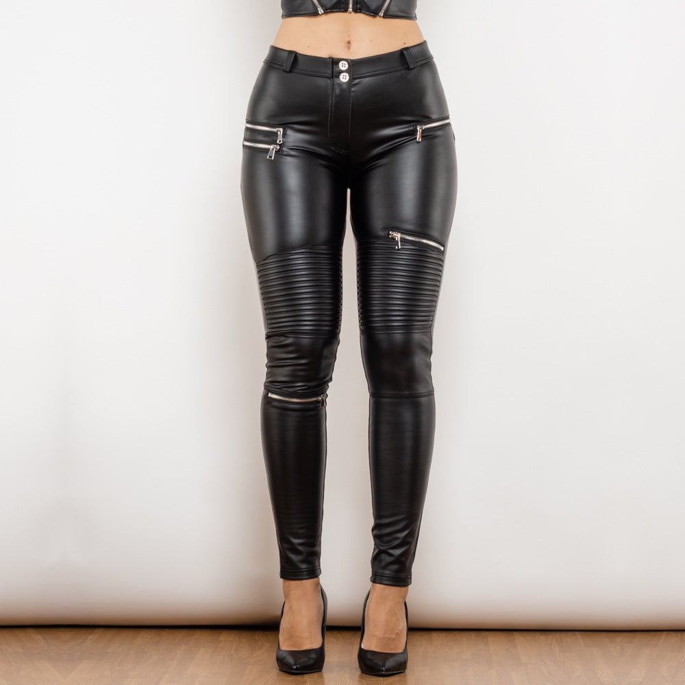 Peach Pants Female Matt Black Smocking Leather Pants