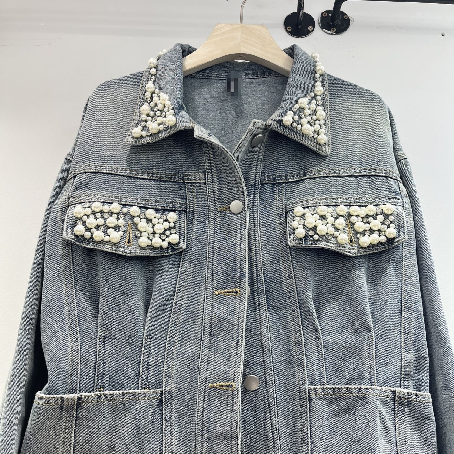 Vintage Denim Jacket Women's Washed Waist Heavy Industry Beads