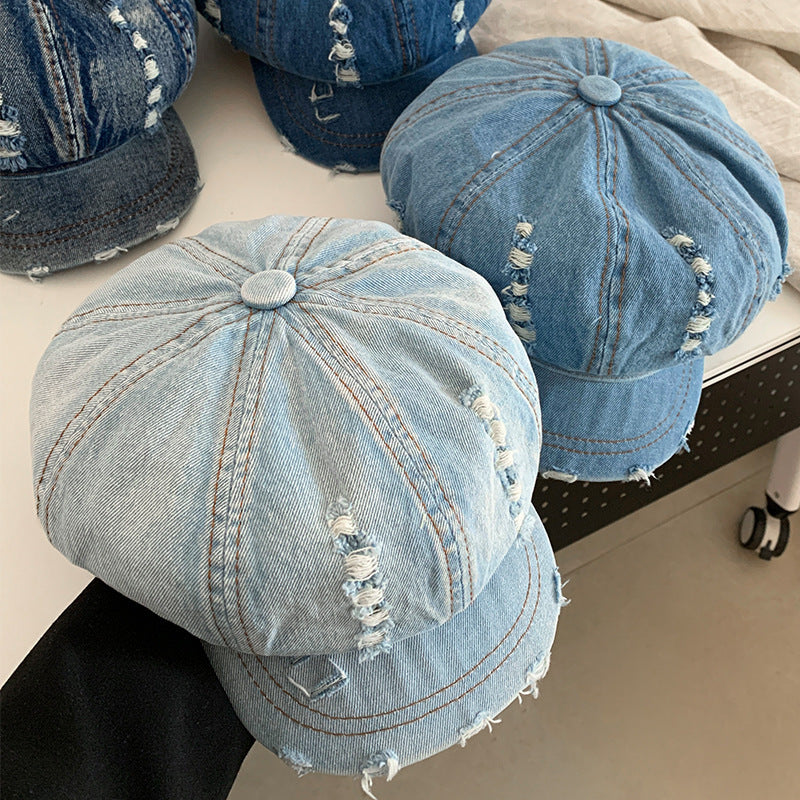 Retro Make Old Ripped Denim Beret Women