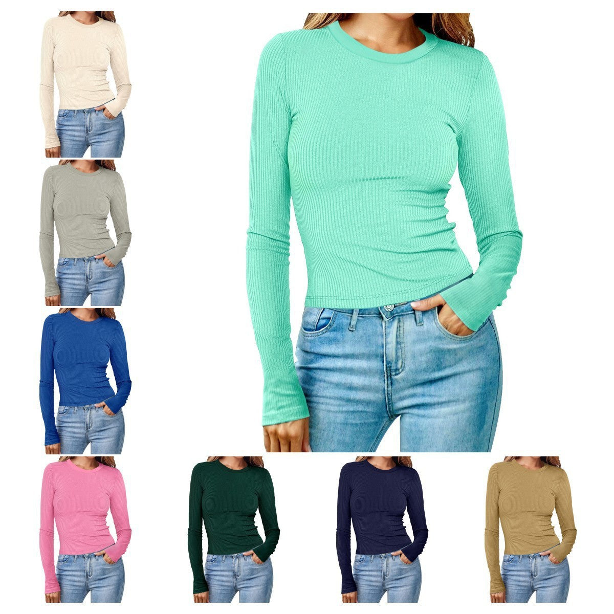 Amazon 2024 Spring New Women's European And American Round Neck Long Sleeve Sunken Stripe Short Solid Color Top T-shirt For Women