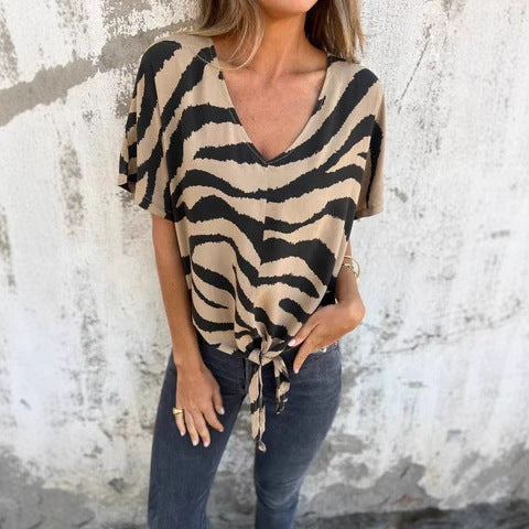 Women's V-neck Print Lace-up Zebra Pattern