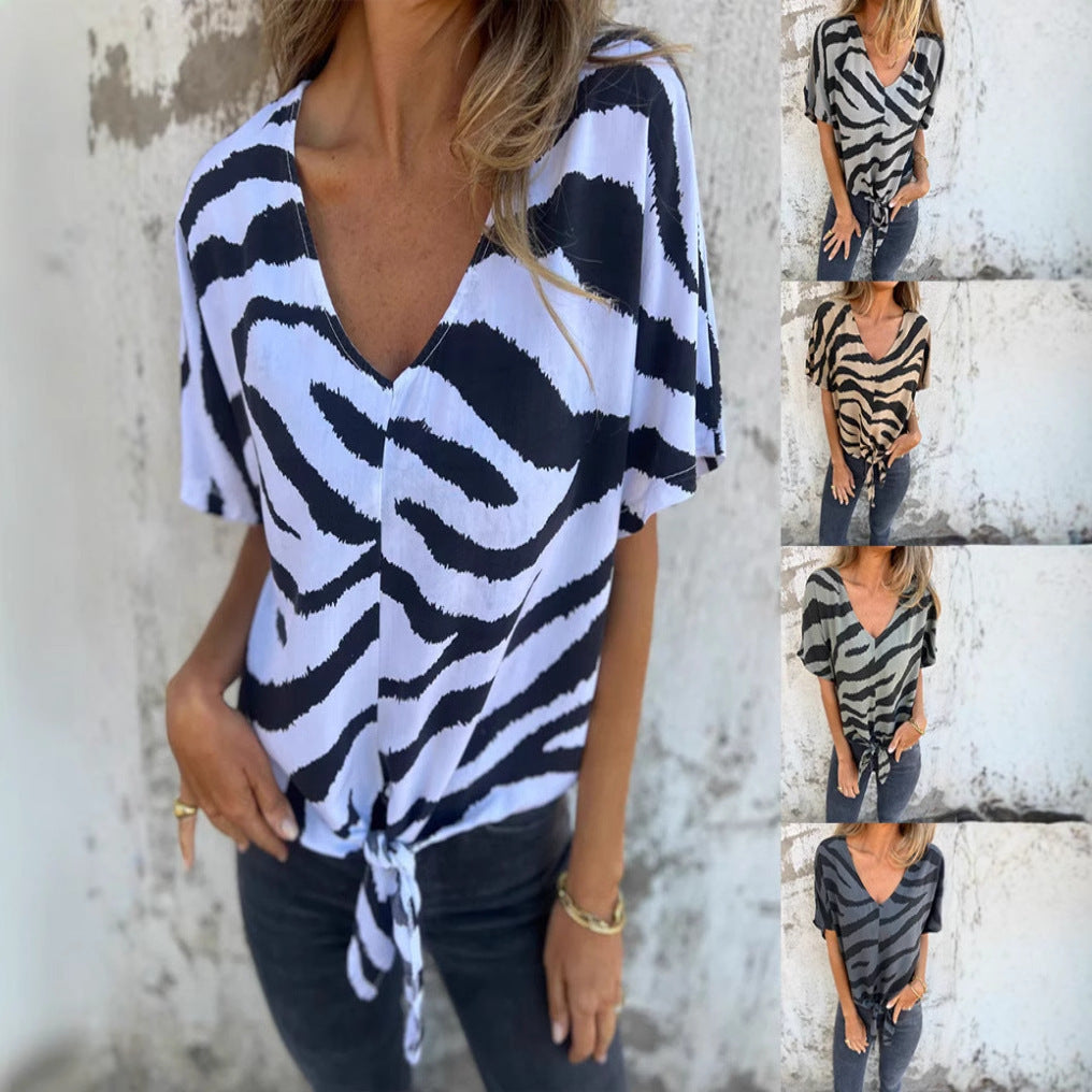 Women's V-neck Print Lace-up Zebra Pattern