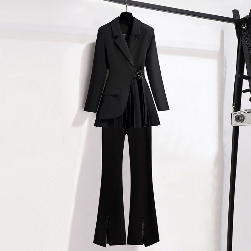 Lapel Design Pleated Skirt Black Suit Jacket For Women