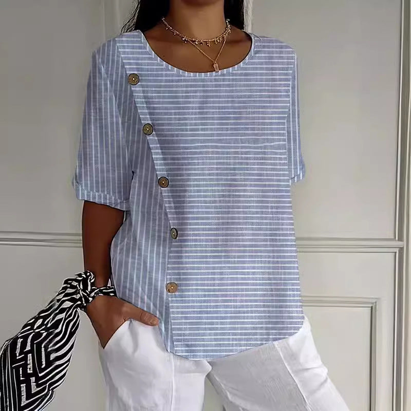 Women's Striped Button Casual Short Sleeve